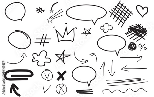 Infographic elements isolated on background. Colored set of sketchy arrow, heart, crown signs. Hand drawn simple symbols