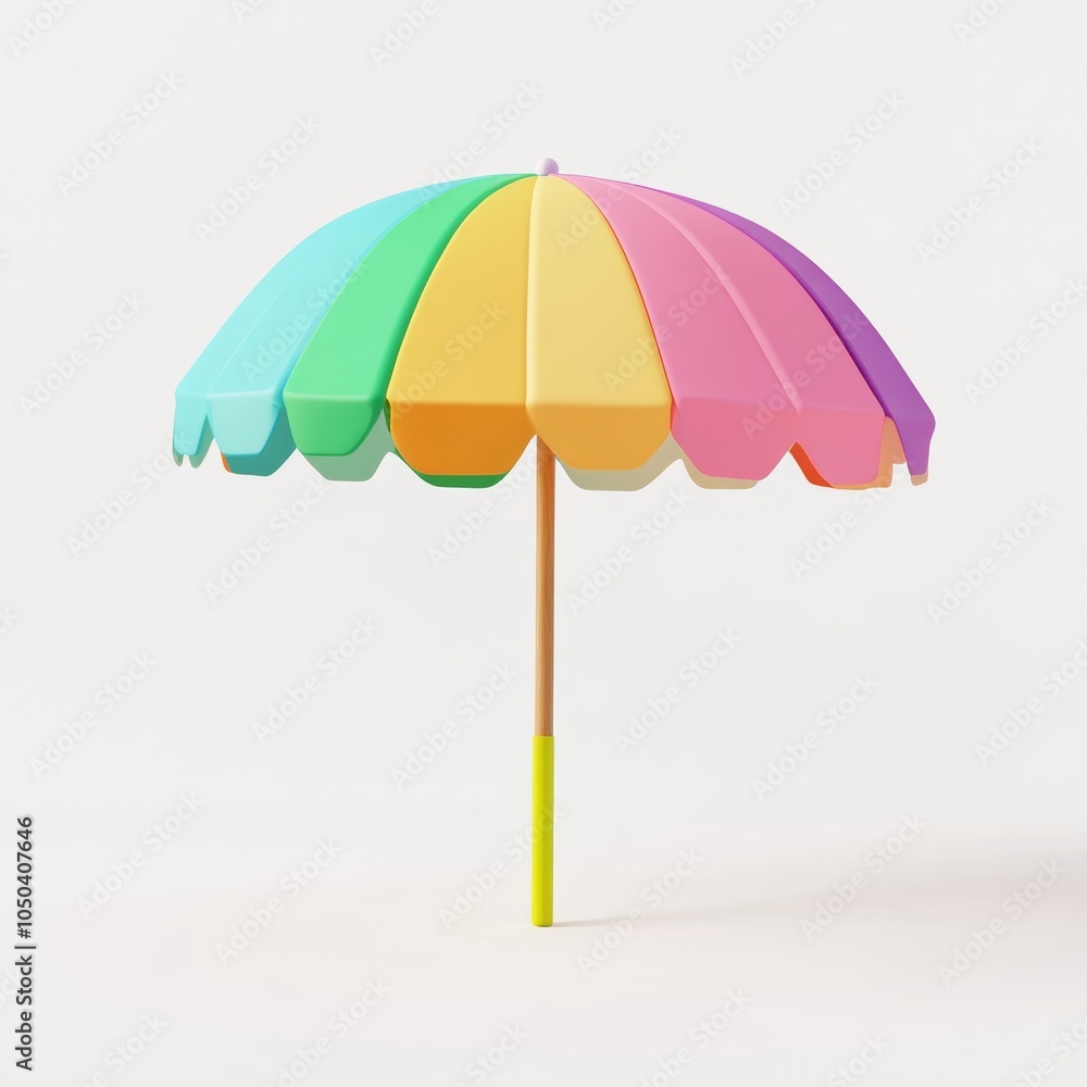 A playful 3D icon of a beach umbrella, designed in bright colors, placed against a white background to evoke summer fun A playful 3D icon of a beach umbrella, designed in bright colors, placed against a white background to evoke summer fun