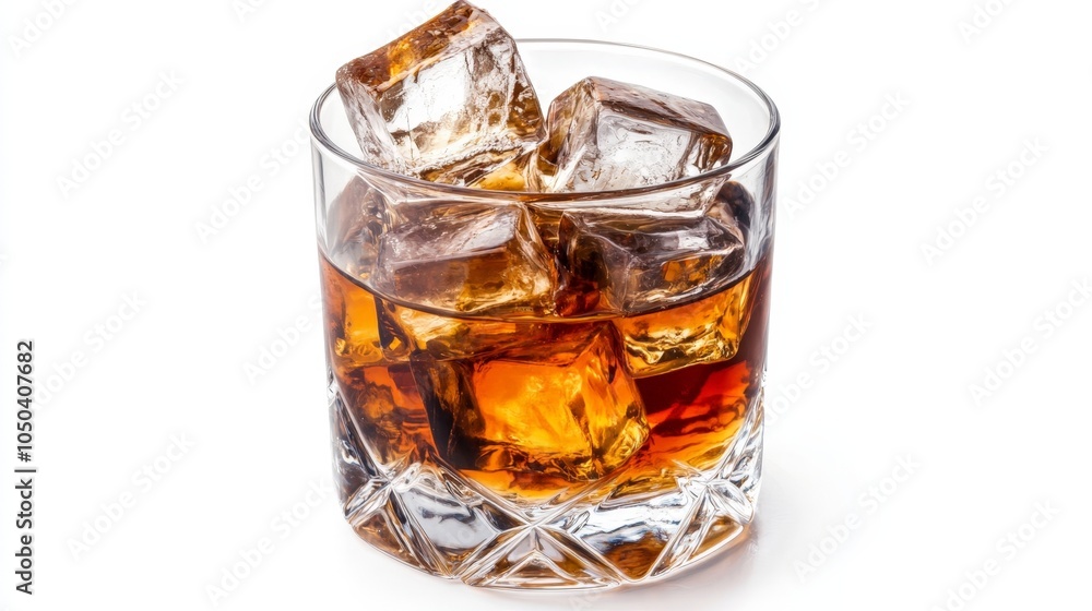 A glass of whiskey on the rocks with large ice cubes, served in a tumbler, isolated on a white background A glass of whiskey on the rocks with large ice cubes, served in a tumbler, isolated on a white background