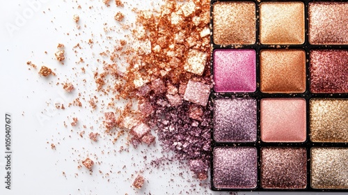 A glittery eyeshadow palette with shimmering shades, isolated on a white background photo