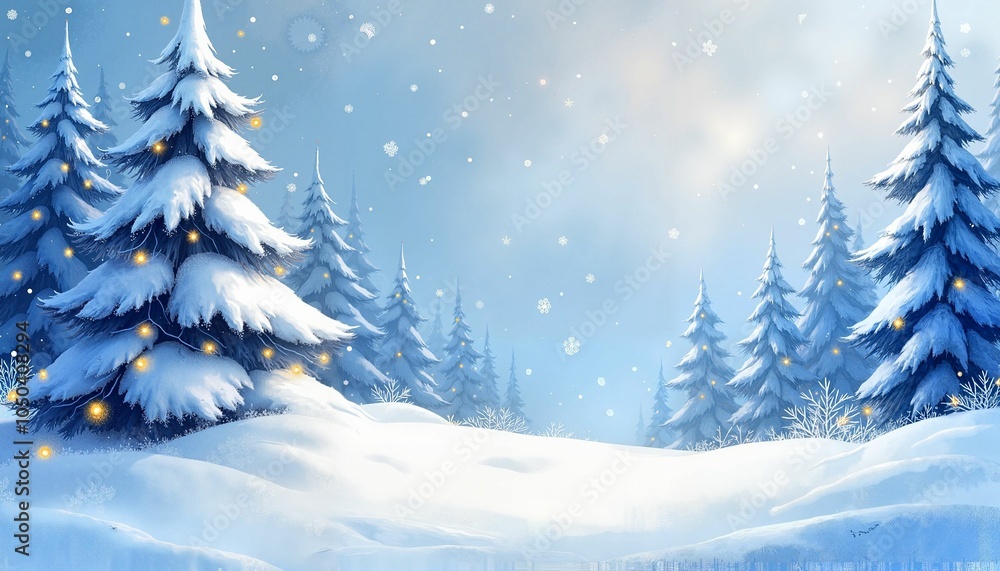 Magical Winter Forest Scene With Illuminated Pine Trees And Falling Snow Against Evening Sky Magical Winter Forest Scene With Illuminated Pine Trees And Falling Snow Against Evening Sky