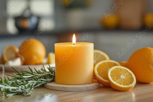 Burning orange candle with rosemary and citrus fruits creating cozy atmosphere photo