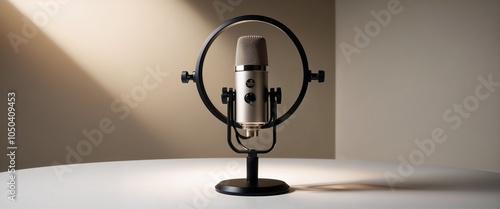 Vintage bronze microphone on stand, set in soft spotlight glow.