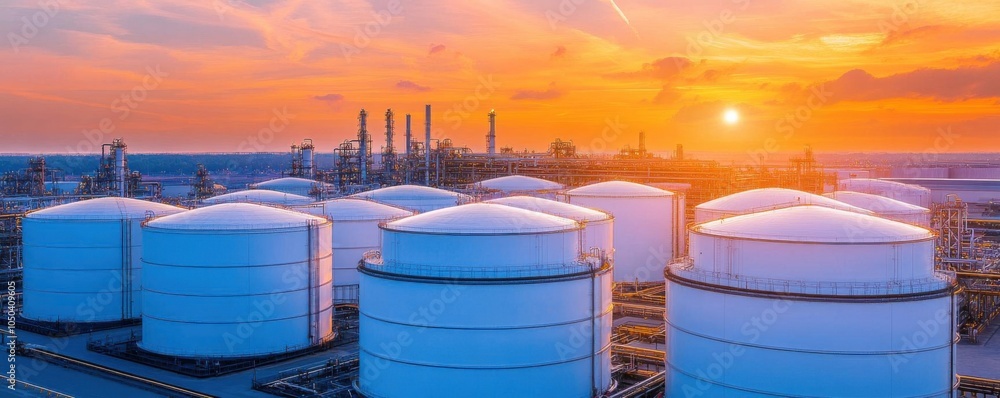 Large storage tanks at a fuel refinery, clean and organized industrial setting Large storage tanks at a fuel refinery, clean and organized industrial setting