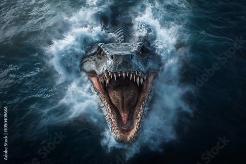 Powerful Sea Monster Emerging from Ocean with Fierce Expression