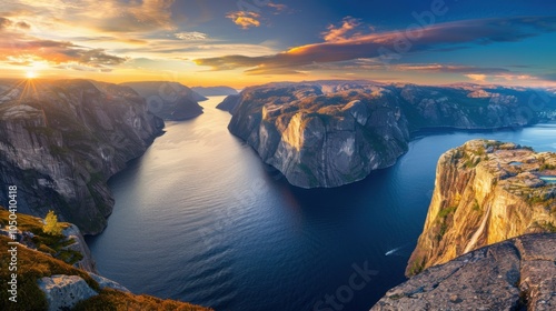 A panoramic view of the fjords in Norway with dramatic cliffs and deep blue waters illuminated by the golden light of sunset, fjord setting with spectacular colors, Golden style