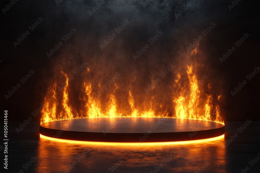 Round podium burning with orange fire and red backdrop Round podium burning with orange fire and red backdrop