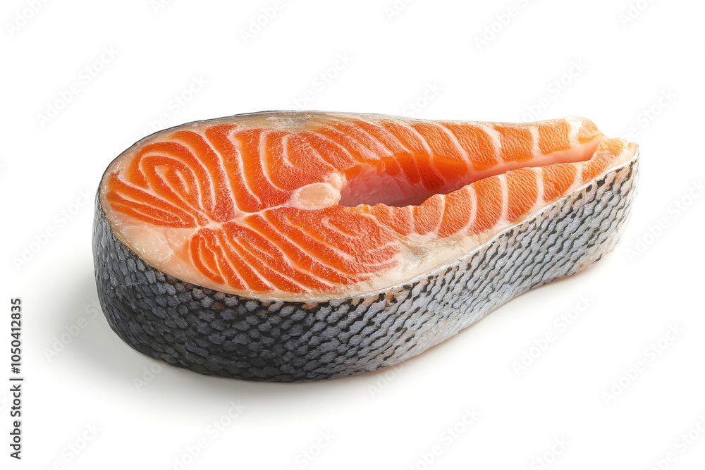 Fresh salmon steak showing red meat and skin isolated on white background Fresh salmon steak showing red meat and skin isolated on white background