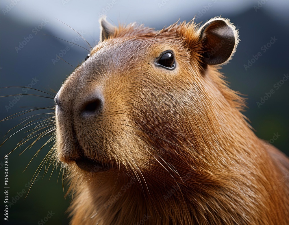 Fototapeta premium Cute animal capybara in its natural habitat. Scene at outdoor with sunlight. Portrait close up view