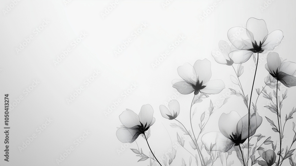 Delicate black and white floral illustration with soft outlines and subtle details in a minimalist design Delicate black and white floral illustration with soft outlines and subtle details in a minimalist design