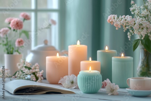 Wallpaper Mural Burning pastel candles, flowers, teapot and book creating cozy atmosphere Torontodigital.ca