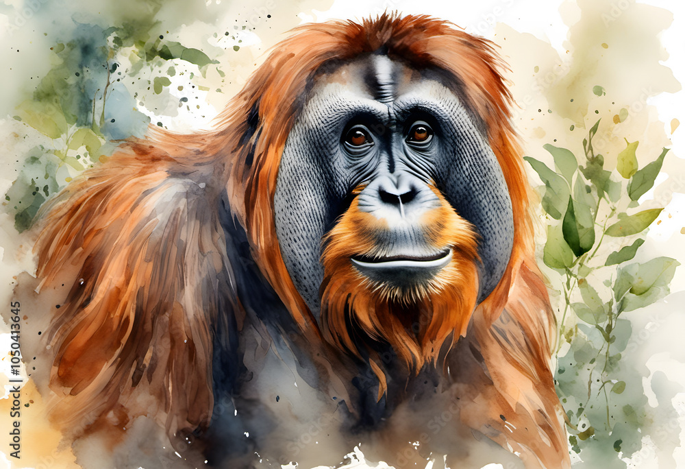 Obraz premium A watercolor painting of an orangutan with expressive eyes and detailed fur.