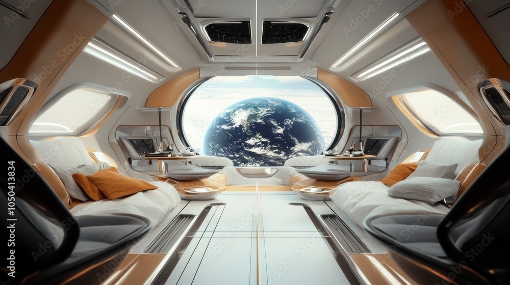 Fototapeta premium Futuristic interior with Earth visible through a large window.
