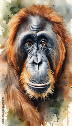 A watercolor painting of an orangutan with expressive eyes and detailed fur. photo