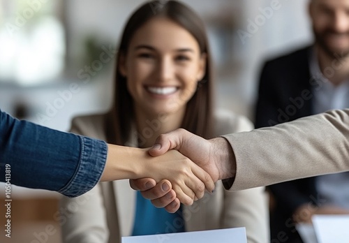 Two people shaking hands in a business meeting with a smiling individual in the background.