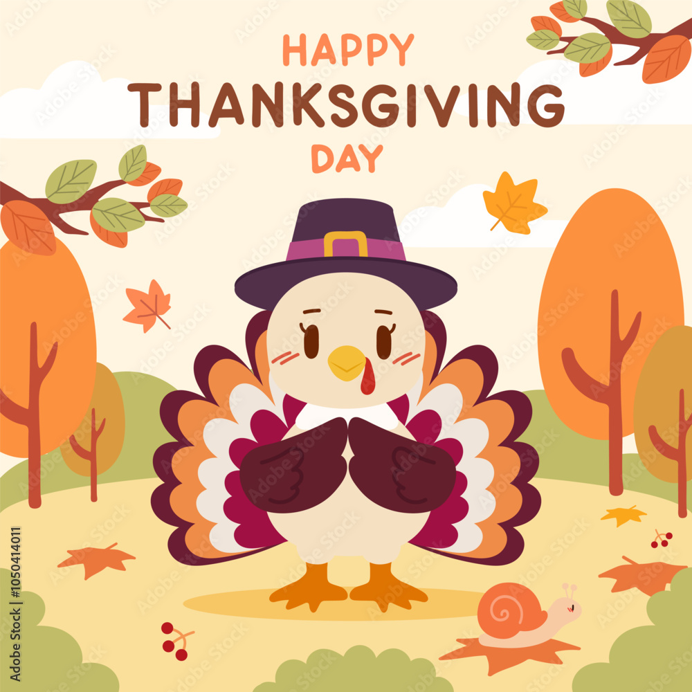 Naklejka premium Adorable Thanksgiving illustration features a kawaii style turkey wearing a pilgrim hat in a cozy autumn forest, surrounded by colorful leaves and trees.