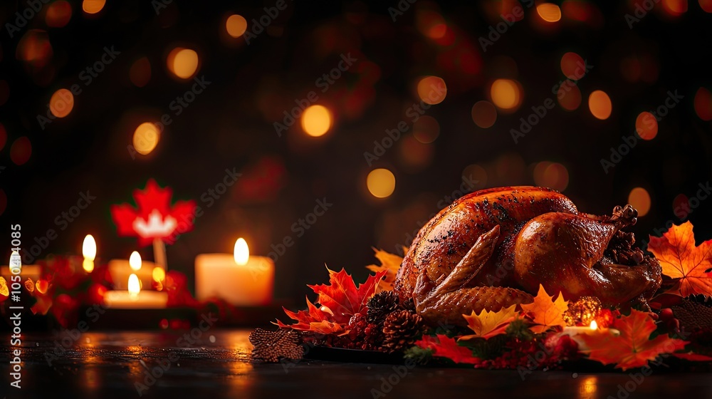 Roasted turkey on a platter surrounded by autumn leaves and candles, festive setting Roasted turkey on a platter surrounded by autumn leaves and candles, festive setting