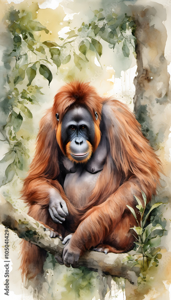 Naklejka premium A watercolor painting of an orangutan with expressive eyes and detailed fur.