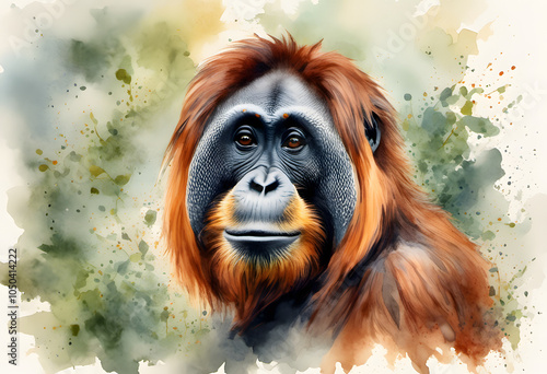 A watercolor painting of an orangutan with expressive eyes and detailed fur. photo