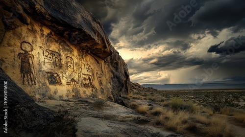 Ancient Rock Art Panel in Desert Wash: Late Afternoon Light Illuminates Petroglyphs, Capturing Texture and Detail Amidst Approaching Storm. HDR National Geographic Style. photo