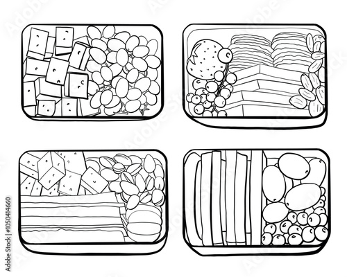 Lunch Boxes Top View Line Vector Illustration. Black Doodle Food Illustration. Line art Isolated on White Background.