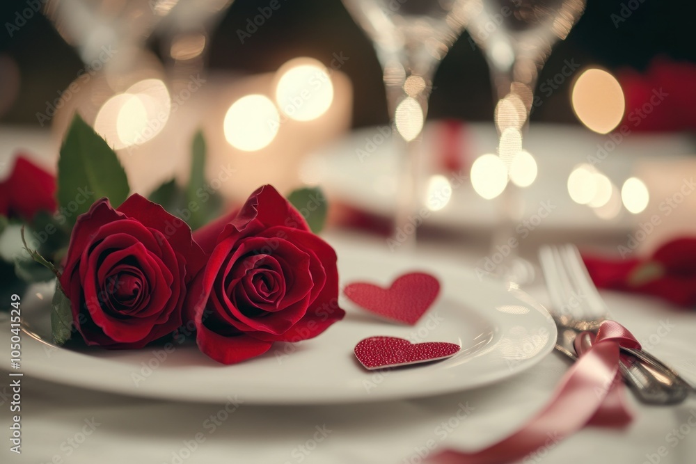 Obraz premium Romantic Dinner Setting with Roses and Heart Decor