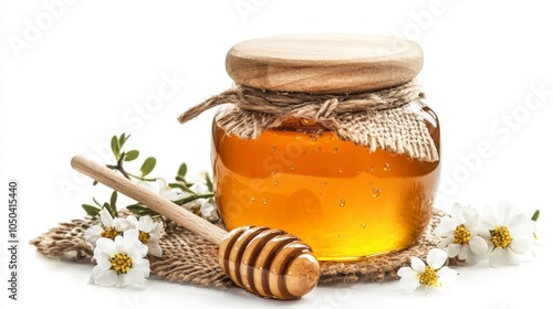 A jar of Manuka honey with a wooden honey dipper, isolated on a white background
