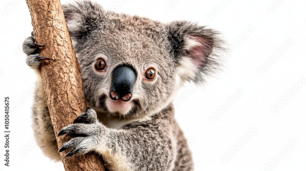 Naklejka premium A koala clinging to a tree branch, with soft fur and big eyes, isolated on a white background