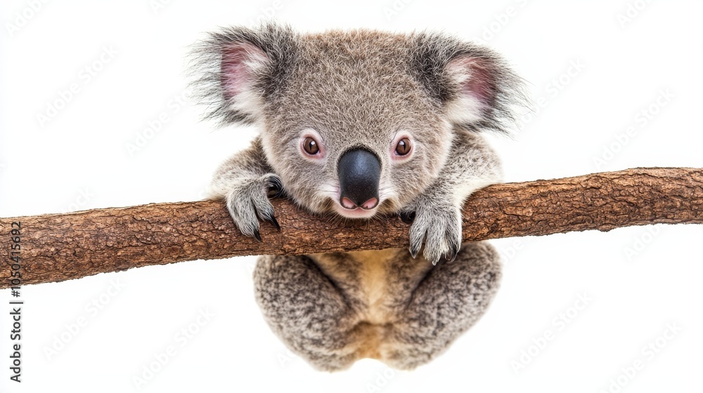Naklejka premium A koala clinging to a tree branch, with soft fur and big eyes, isolated on a white background