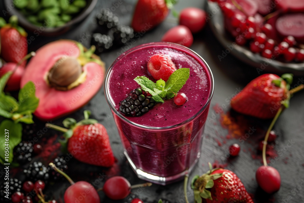Vibrant berry smoothie with fresh fruits and mint garnish on a rustic dark background Vibrant berry smoothie with fresh fruits and mint garnish on a rustic dark background