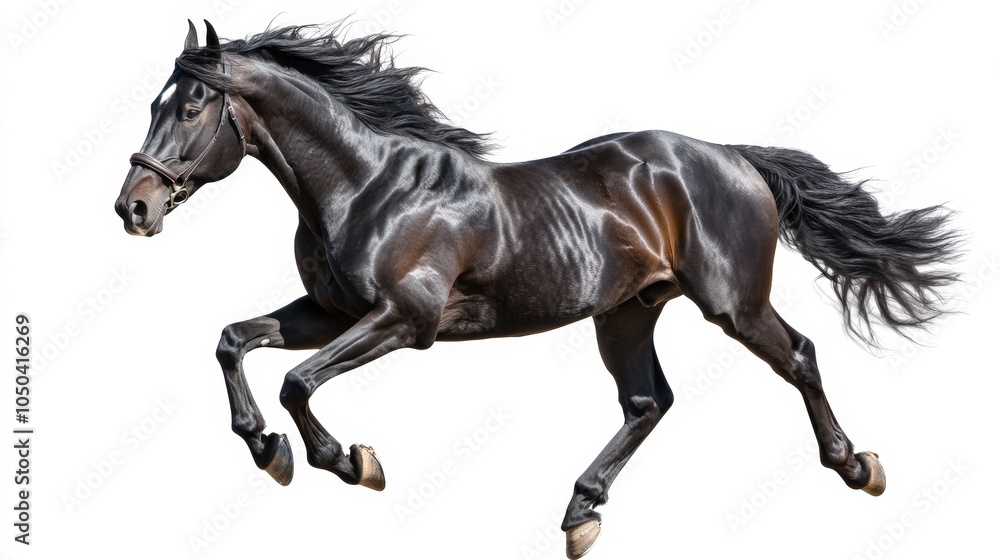 A magnificent black stallion galloping at full speed, isolated on a white background A magnificent black stallion galloping at full speed, isolated on a white background