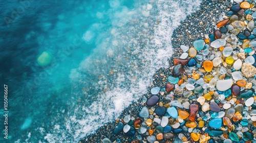 Aerial shot of the Glass Beach shoreline, with vibrant sea glass blending into the natural coastal landscape and blue waters. No people included. photo