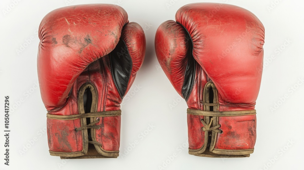 A pair of boxing gloves in red leather, tied together by the laces, isolated on a white background A pair of boxing gloves in red leather, tied together by the laces, isolated on a white background