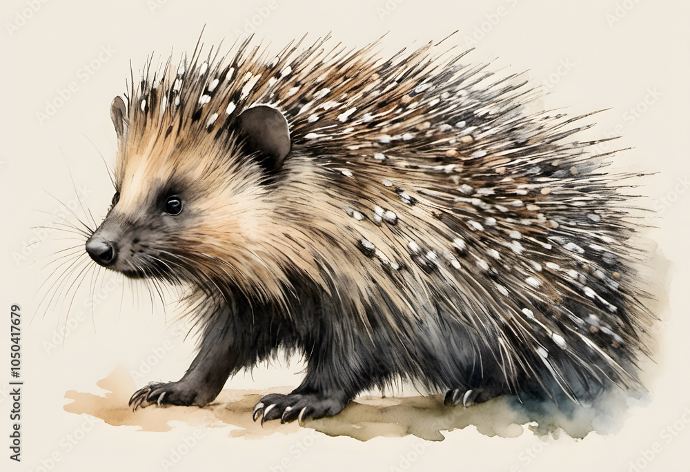 Fototapeta premium Watercolor painting of a hedgehog with detailed spines and a soft expression.