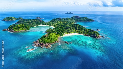 Aerial view of lush green tropical islands in the Mamanuca archipelago, surrounded by vibrant blue waters. No people included.