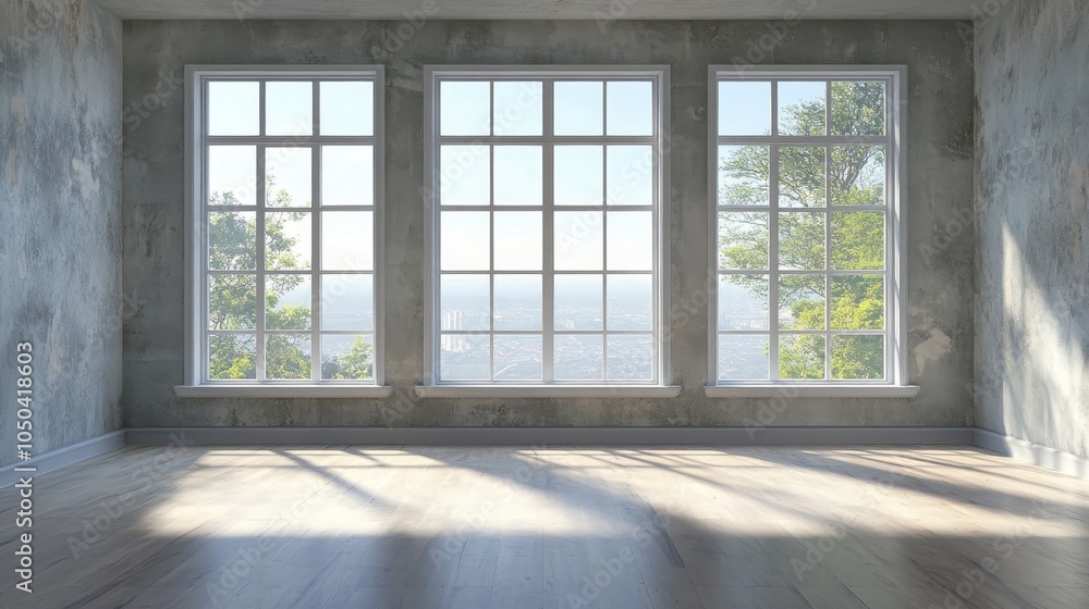 A minimalist room with three large windows, showcasing a scenic view of the cityscape and lush greenery, symbolizing openness, light, and potential. A minimalist room with three large windows, showcasing a scenic view of the cityscape and lush greenery, symbolizing openness, light, and potential.