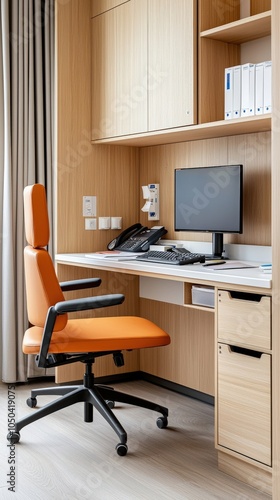 Modern office workspace featuring an orange ergonomic chair, computer, and organized shelves