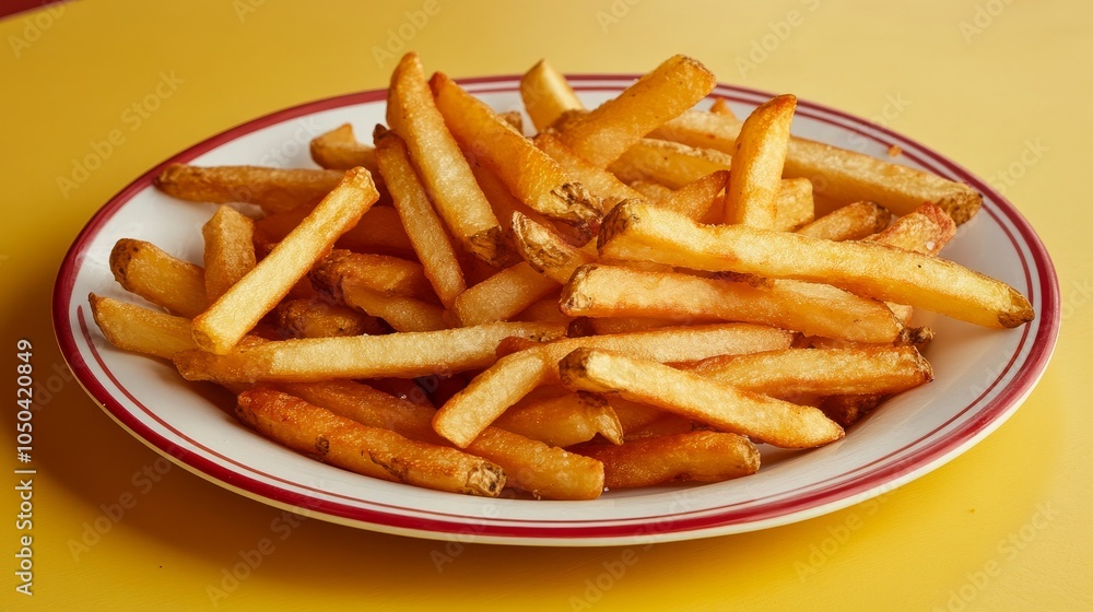 A plate of golden brown, crispy french fries on a bright yellow background. Perfect for any meal, these fries are sure to satisfy your cravings. A plate of golden brown, crispy french fries on a bright yellow background. Perfect for any meal, these fries are sure to satisfy your cravings.