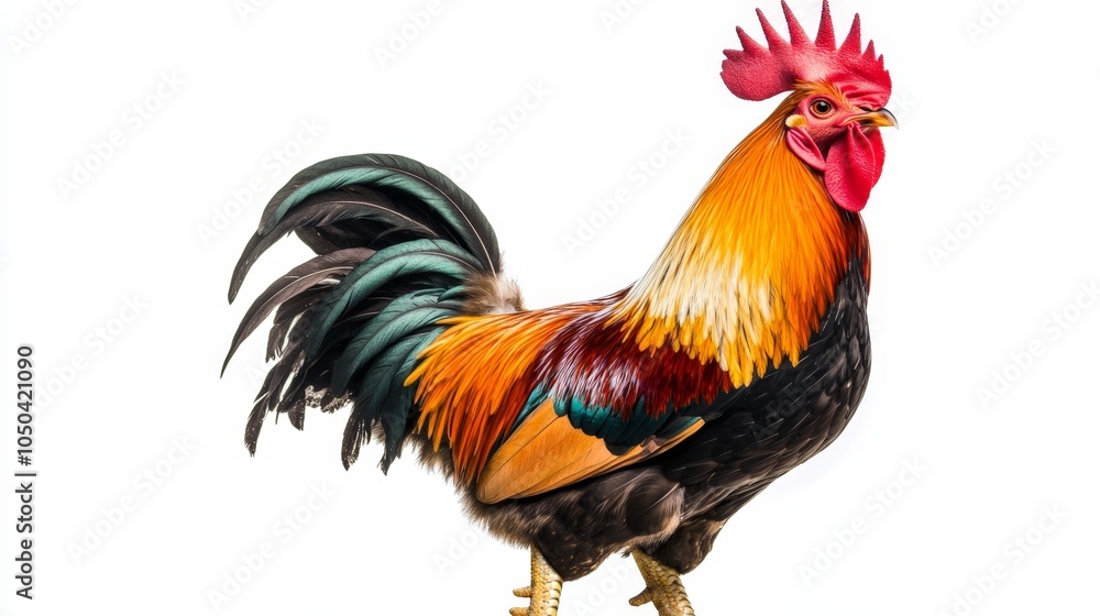 A proud rooster crowing at sunrise, its colorful feathers standing out, isolated on a white background A proud rooster crowing at sunrise, its colorful feathers standing out, isolated on a white background