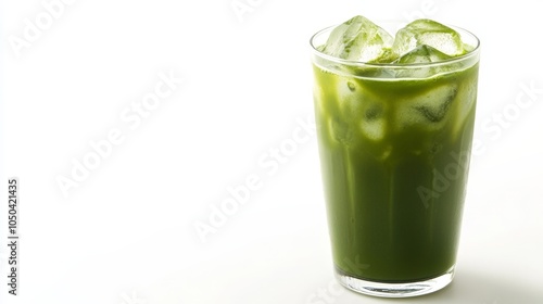 A refreshing iced matcha latte with almond milk, served in a tall glass with ice, isolated on a white background