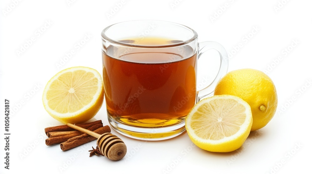 A rich hot toddy with honey and lemon, served in a glass mug, isolated on a white background A rich hot toddy with honey and lemon, served in a glass mug, isolated on a white background