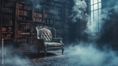 A dreamlike foggy room with a single chair in the center, symbolizing solitude, mystery, contemplation, forgotten memories, and the passage of time. photo