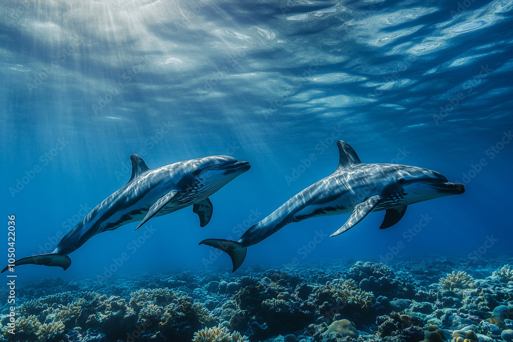 Fototapeta premium Selective focus dolphin on coral reef with sun light, Underwater shot of dolphin in the sea.