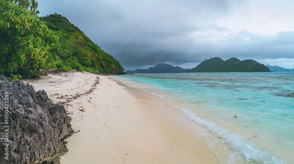 Panoramic shot of a secluded beach on the Mamanuca Islands, with turquoise waters gently lapping at the white sand shore. No people included. Panoramic shot of a secluded beach on the Mamanuca Islands, with turquoise waters gently lapping at the white sand shore. No people included.