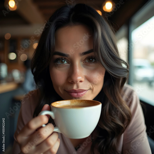 woman drinking coffee in cafeteria