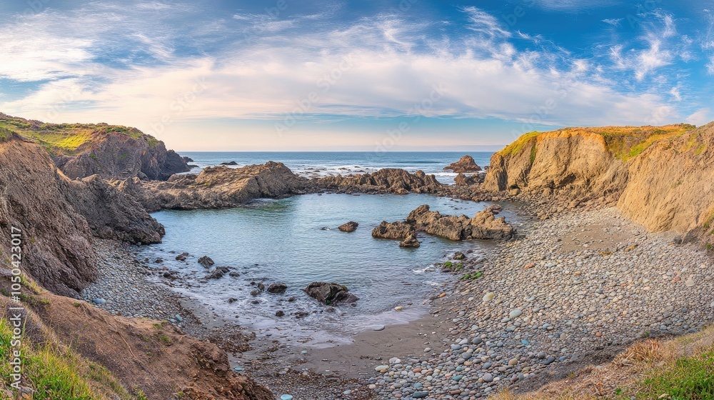 Obraz premium Panoramic view of Glass Beachs unique coastal landscape, with colorful sea glass, rocky cliffs, and the Pacific Ocean. No people included.