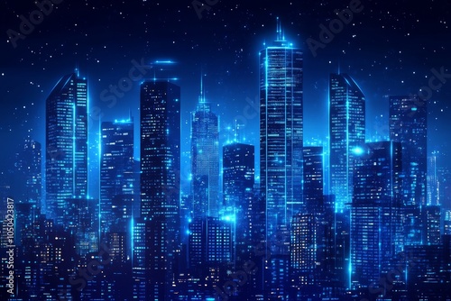 Futuristic Cityscape Illuminated by Blue Lights, symbolizing technology, progress, urban life, innovation, and a modern metropolis.