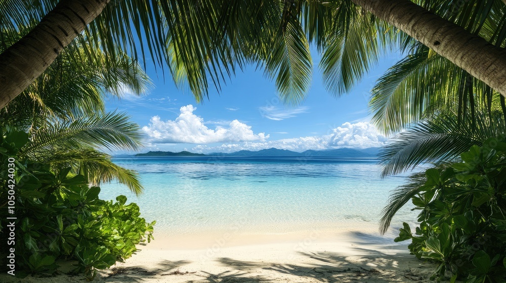 Fototapeta premium Scenic shot of a pristine, secluded beach on the Mamanuca Islands, framed by palm trees and clear blue waters. No people included.
