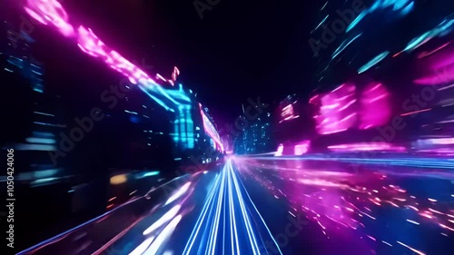 Floating Abstract Neon Lines with Glowing Particle Trails in a Dark Atmosphere