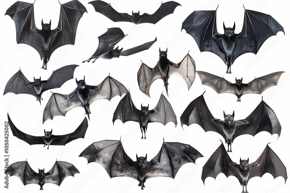 A collection of 15 bats in various flying poses isolated on a white background. A collection of 15 bats in various flying poses isolated on a white background.